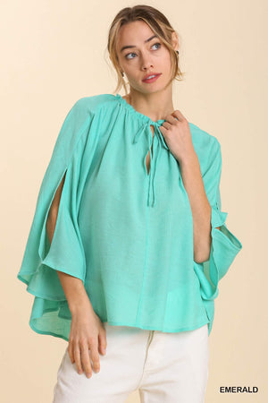 Umgee Sheer Flowy Cape Tie Front Top with Slit Sleeves