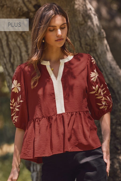 PLUS Oddi Puff Sleeve Peplum Blouse [Burgundy] – Fall & Winter Tops