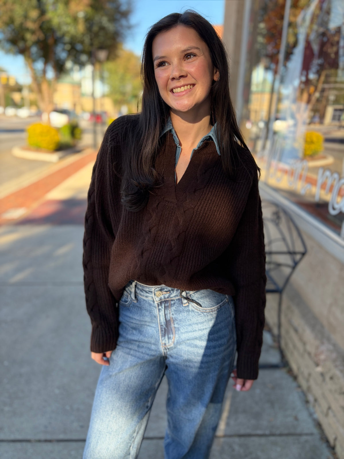 She and Sky Brown Cable Knit Sweater with Washed Denim Collar