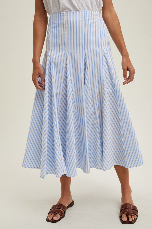Blue & White Striped Flared Midi Skirt