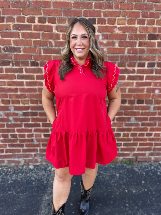 UMGEE RED SLEEVELESS DRESS WITH SCALLOPED RUFFLE