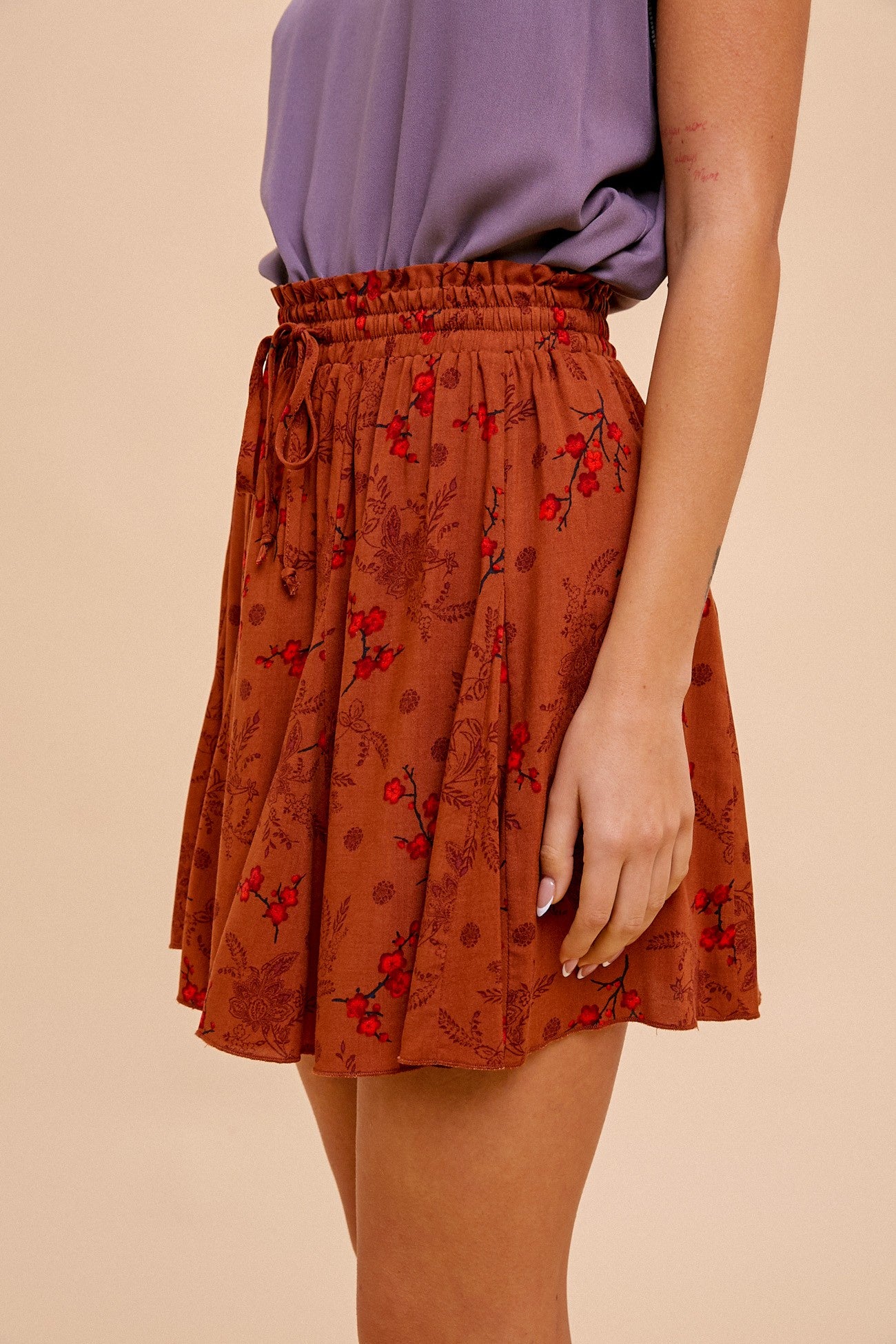 Hem & Thread Crimson Floral Print Flare Mini Skirt