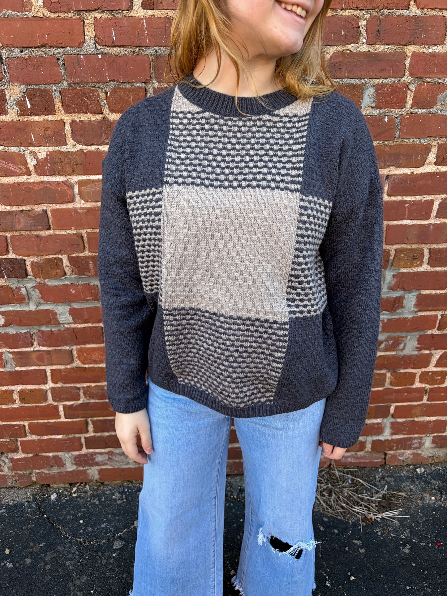 Madelyn Textured Color Block Crew Neck Sweater – Grey & Khaki