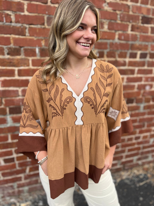 Embroidered Plunge V Neck Top