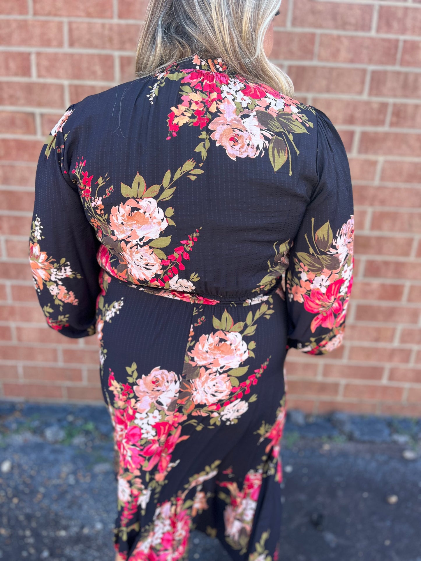 PLUS Black Mix Floral Ruffle Neck Tiered Midi Dress