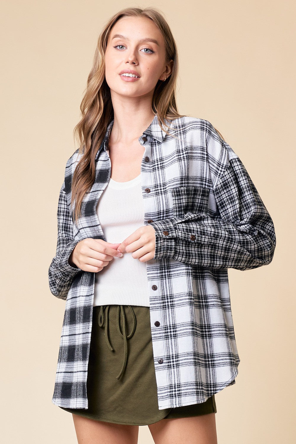 Contrast Plaid Shirt Jacket with Pocket