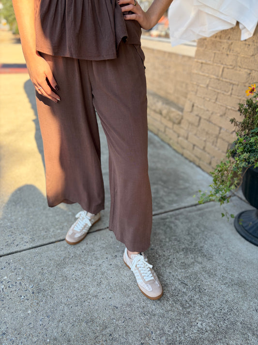Umgee Linen Blend Scallop Hem Wide Leg Pant - Espresso