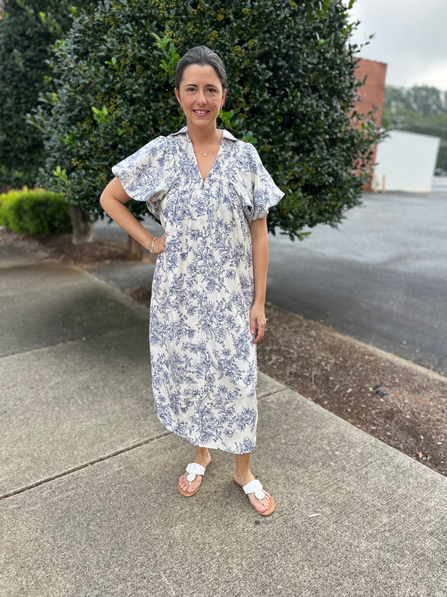 Cream and Blue Floral Dress