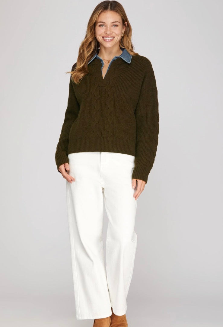 She and Sky Brown Cable Knit Sweater with Washed Denim Collar