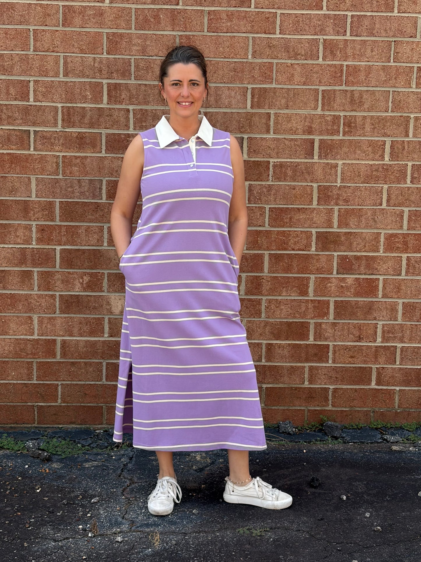 Entro Lavender Striped Sleeveless Midi Dress with Contrast Collar