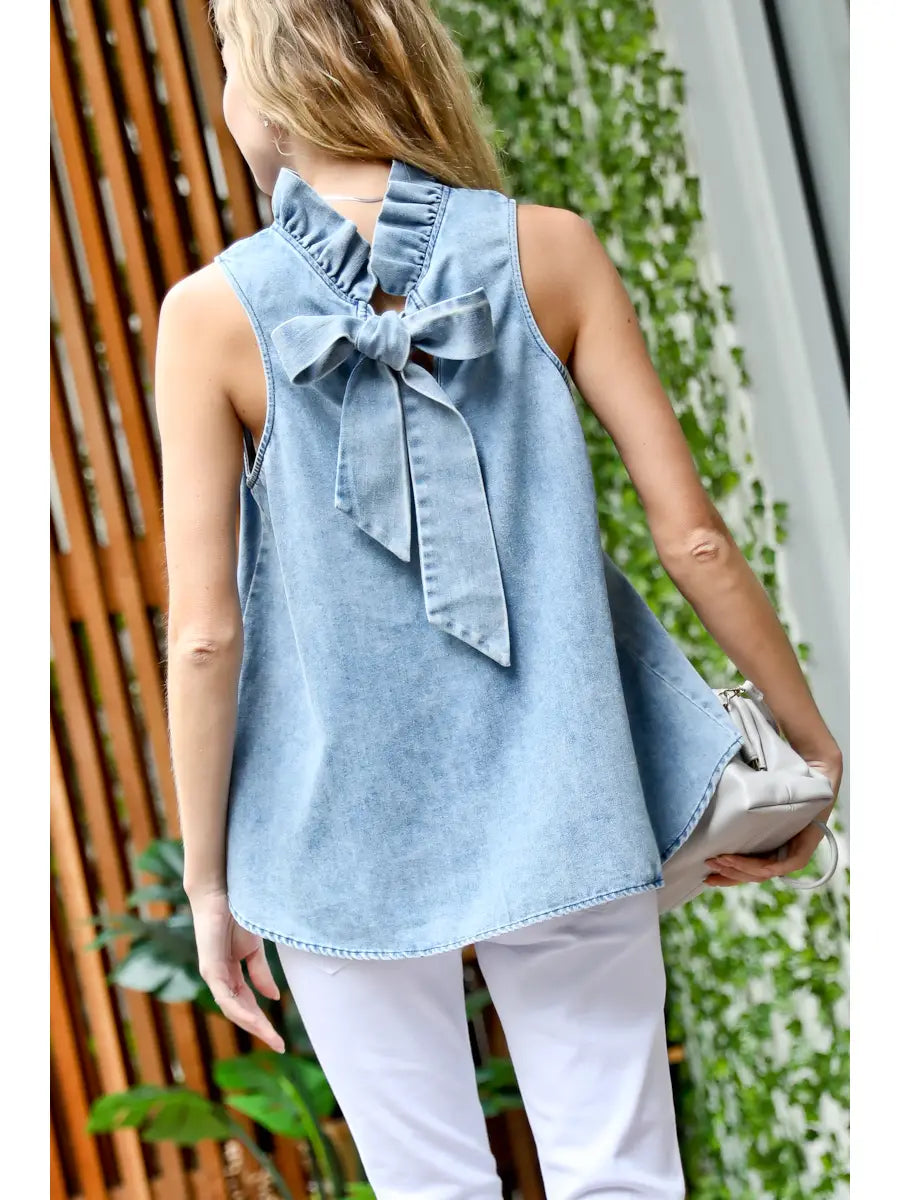Blue Skies Ruffle Neck Washed Denim Sleeveless Top