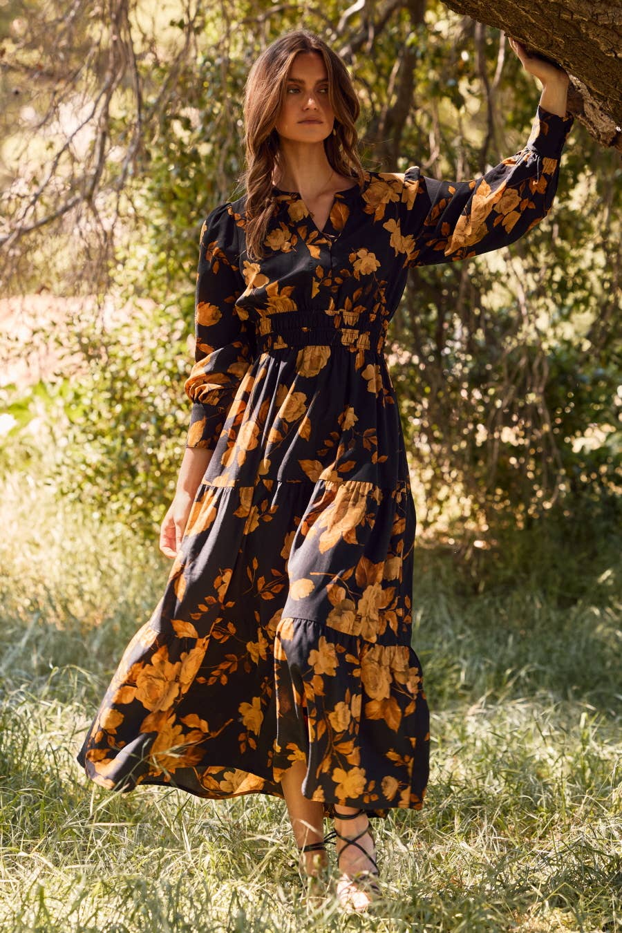 Oddi Black Floral Mix Tiered Maxi Dress
