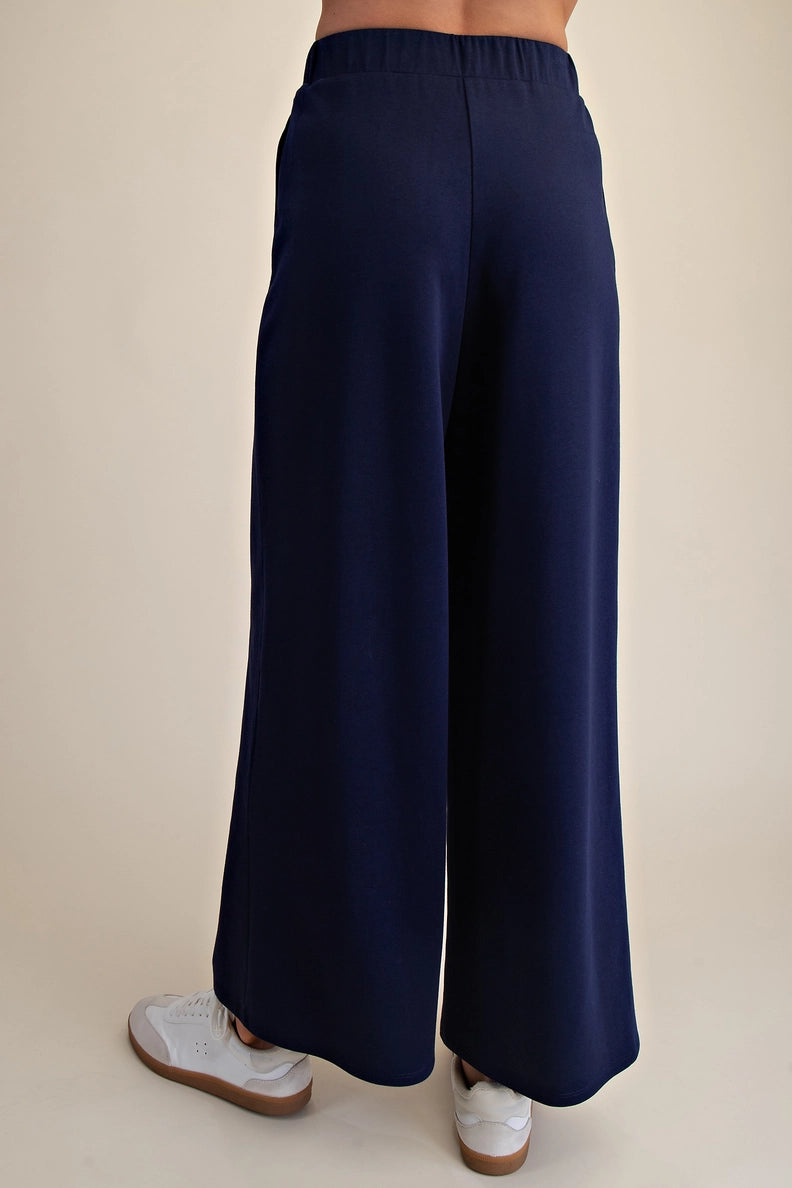 Glam Navy Elastic Waist Wide Leg Pants – Soft Business Casual Comfort
