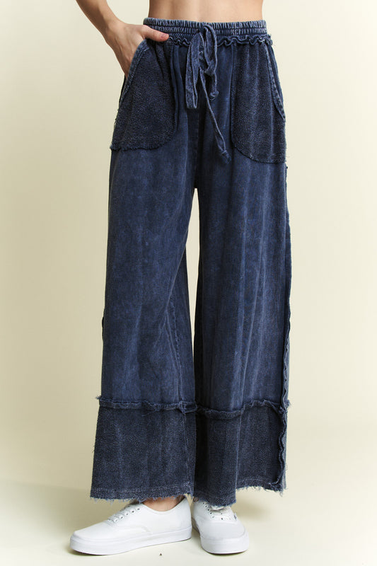 Navy Mineral Wash Wide Leg Pants with Raw Hem