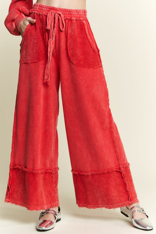 Red Mineral Wash Wide Leg Pants with Raw Hem