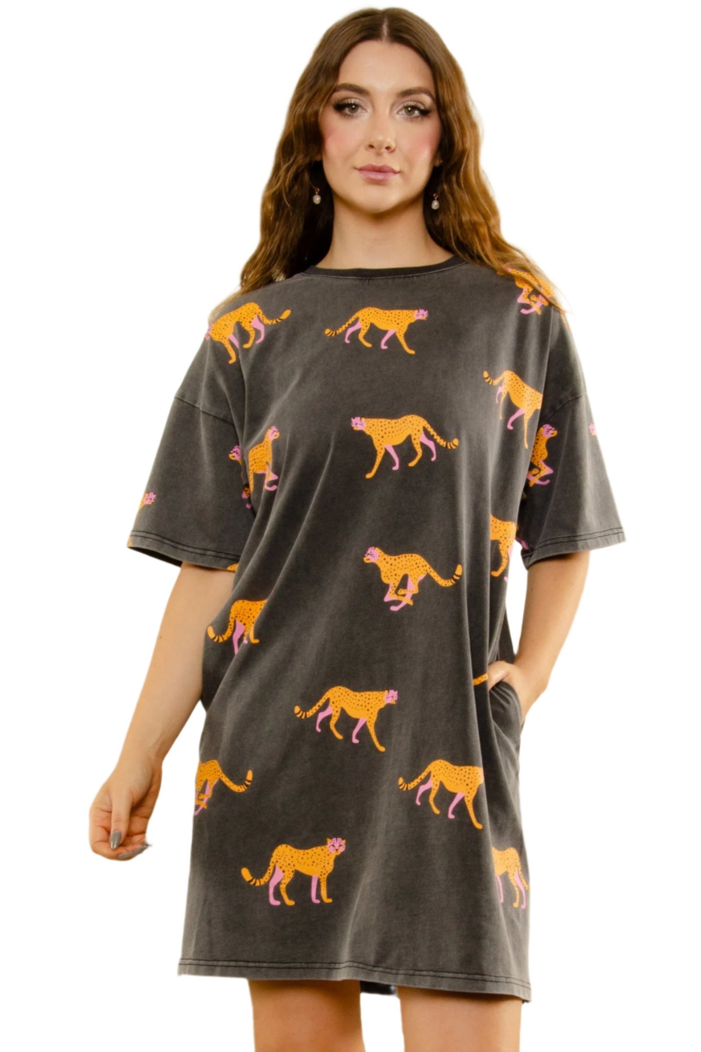 Washed Cheetah Print T-Shirt Dress