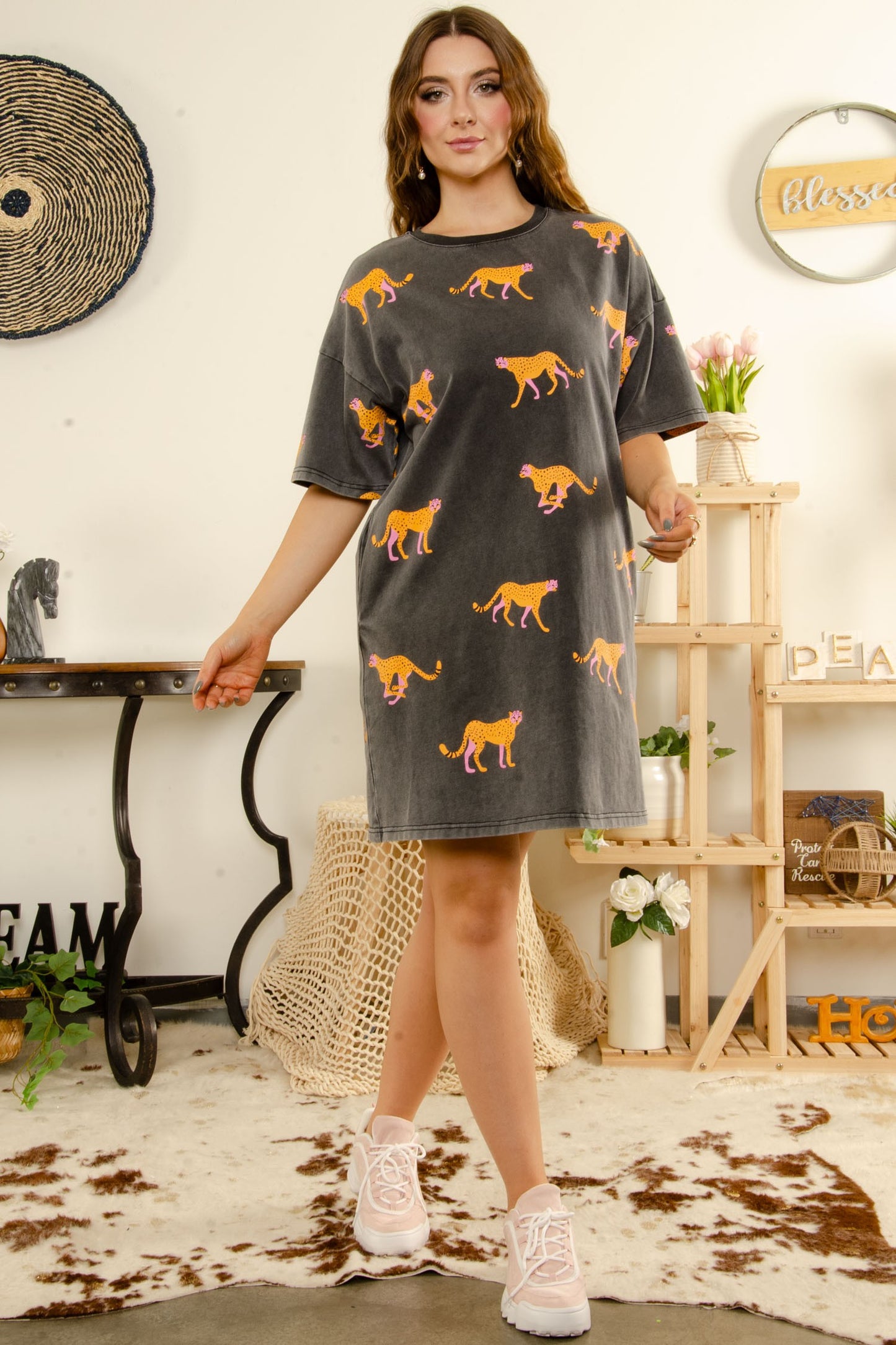 Washed Cheetah Print T-Shirt Dress