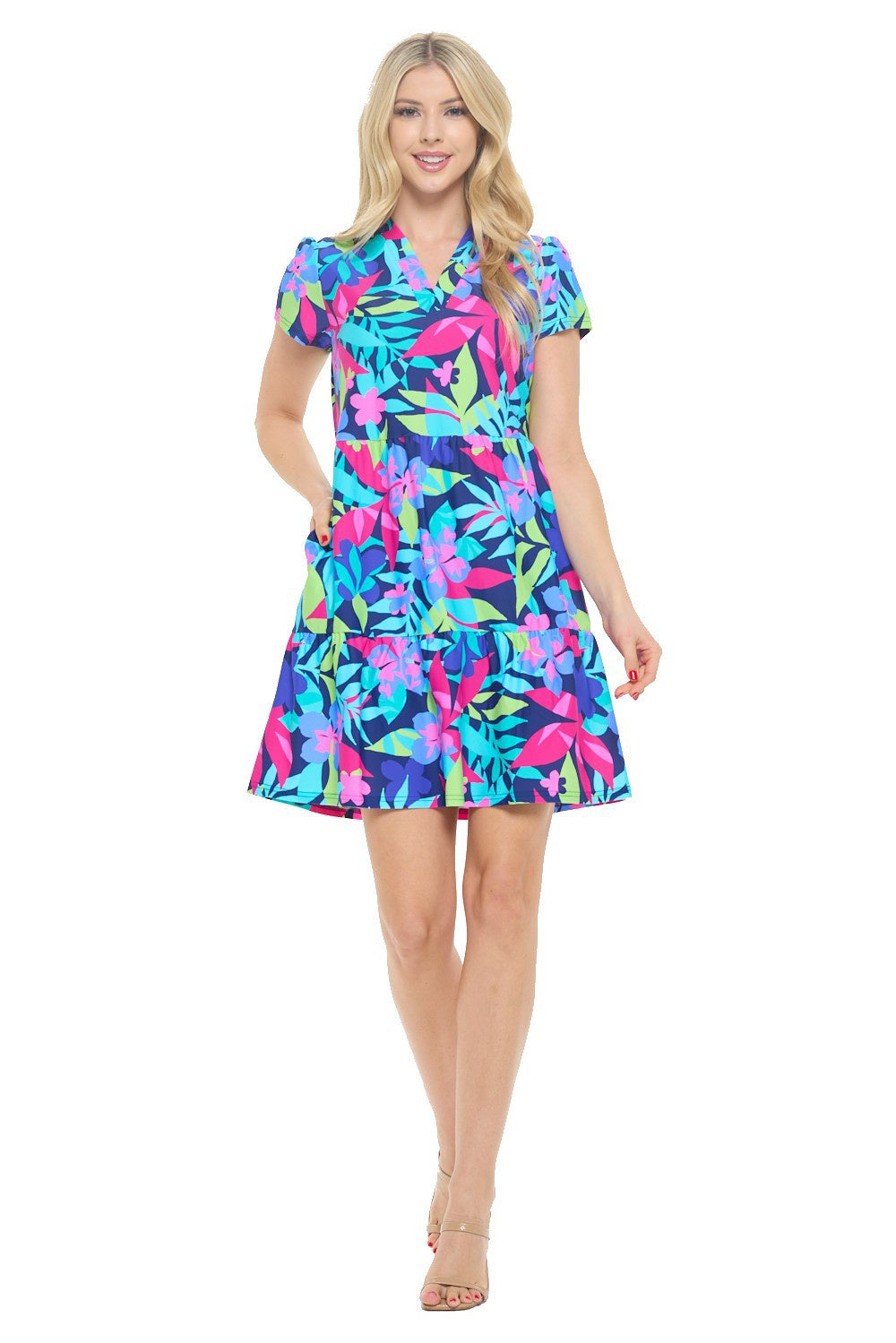 Natalia Tropical Print Short Sleeve Tiered Dress Aryeh