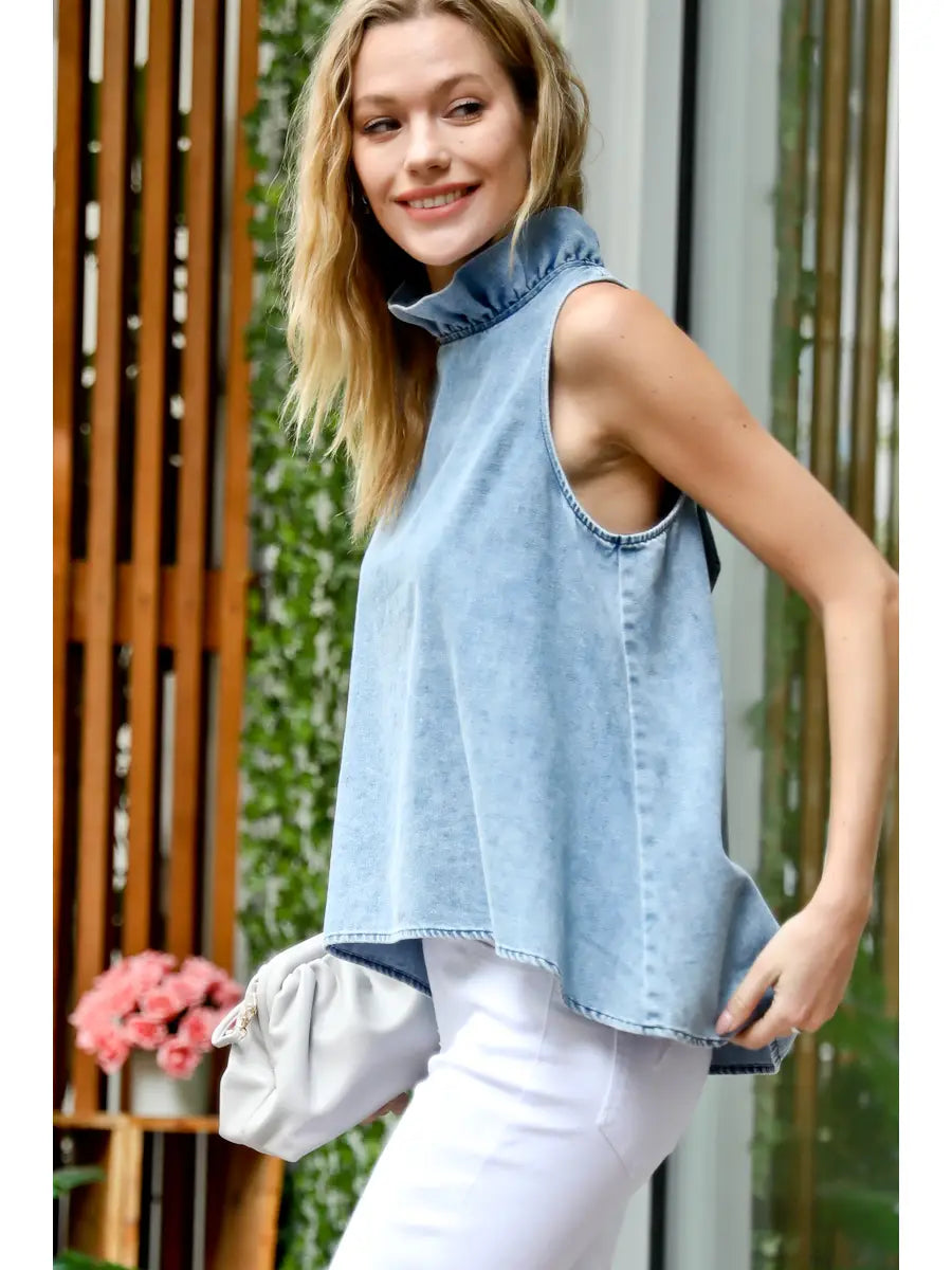 Blue Skies Ruffle Neck Washed Denim Sleeveless Top