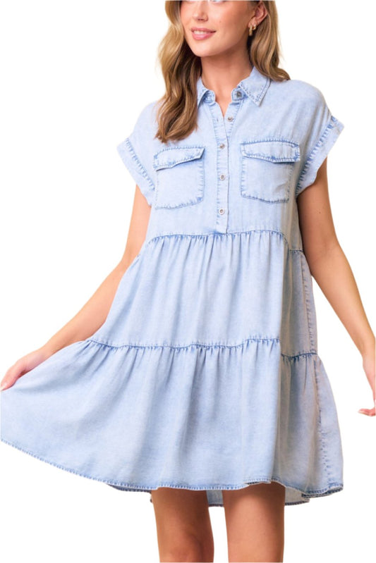 Short Sleeve Ruffled Hem Tencel Denim Dress