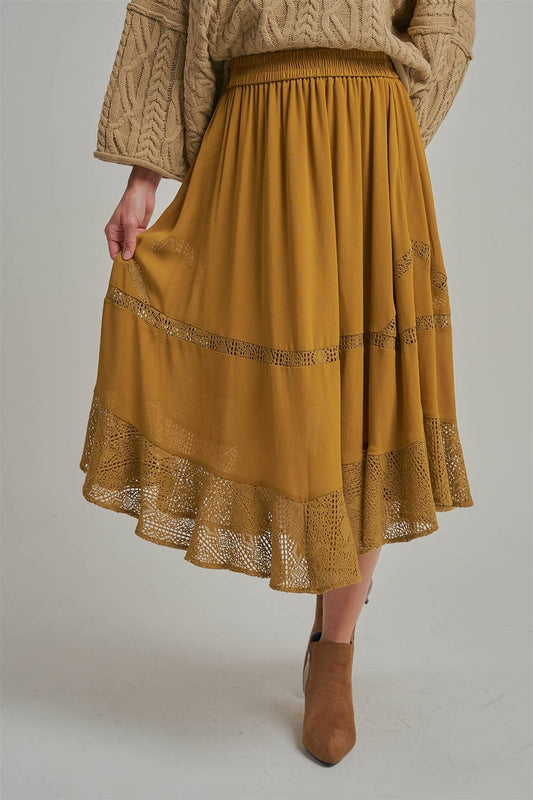 Harvest Gold Crinkled Woven Boho Midi Skirt