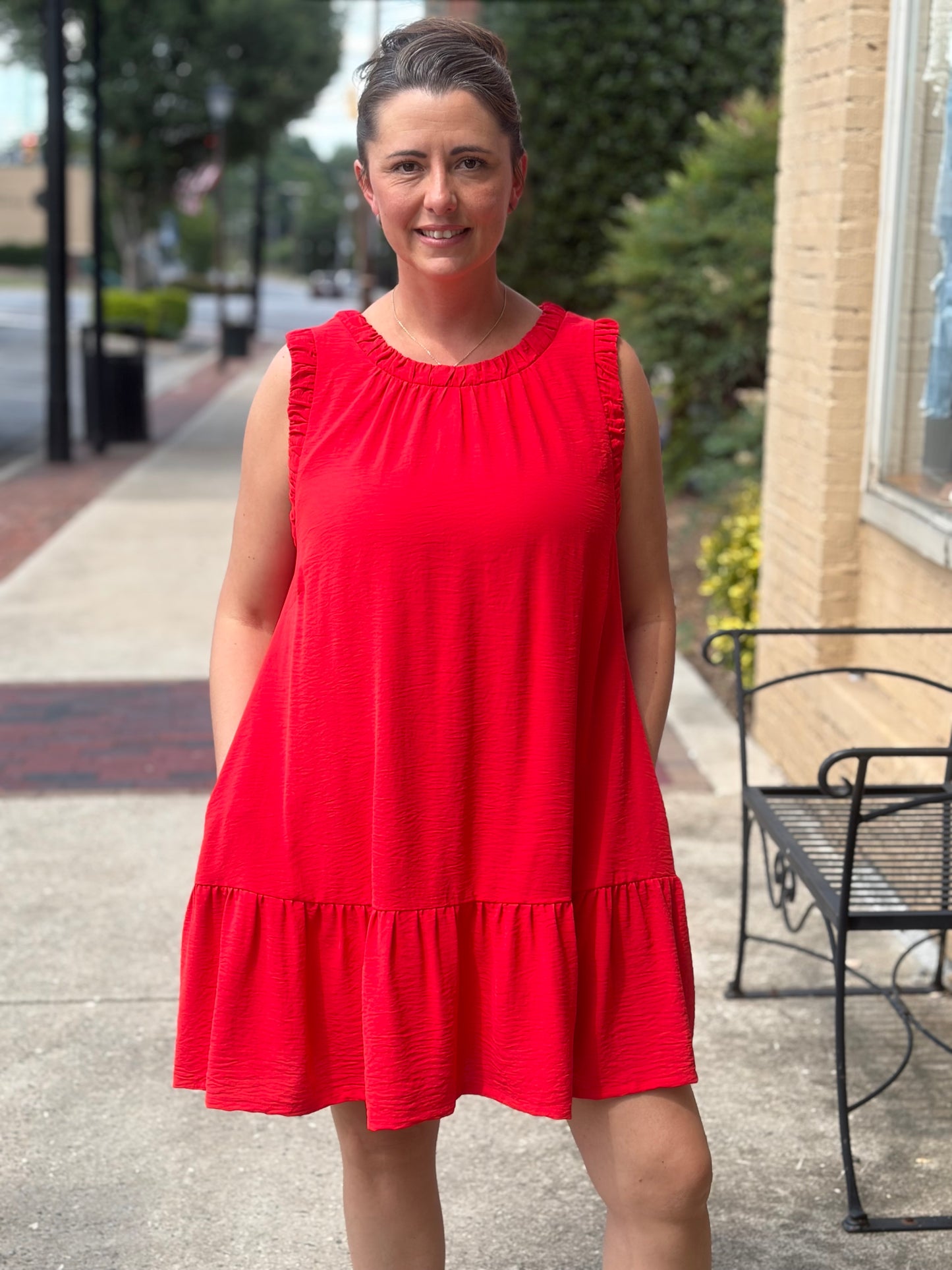 Umgee Tomato Red Sleeveless Ruffle Trim Mini Dress – Drop Waist Dress with Pockets