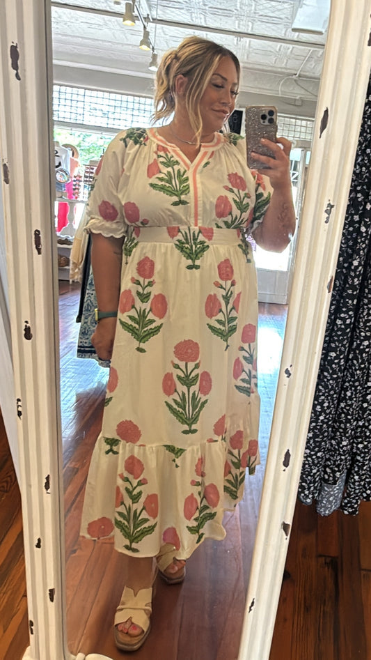 PLUS Umgee Pink & Green Floral Smocked Midi Dress