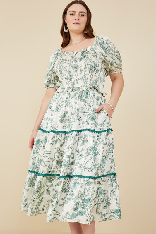 Plus Size Botanical Satin Tiered Dress with Lace Trim