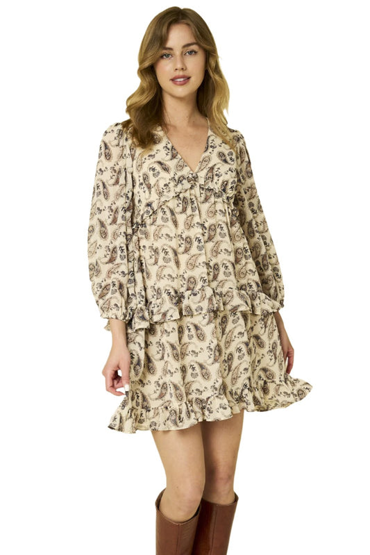 Paisley Tiered Ruffle Mini Dress with 3/4 Sleeves