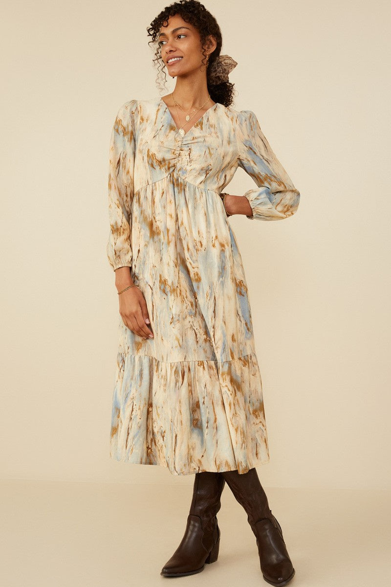 Oil Print Gathered Bust Midi Dress