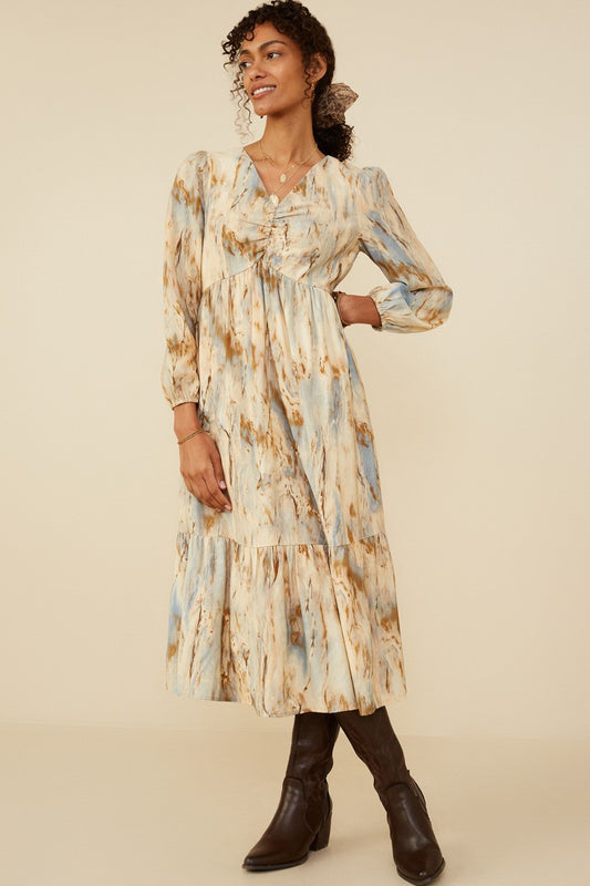 Oil Print Gathered Bust Midi Dress