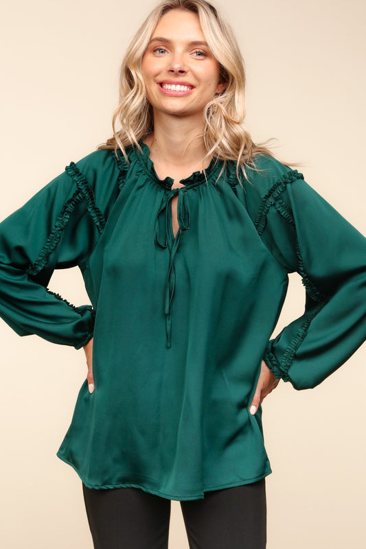 Frilled Mock Neck Satin Top