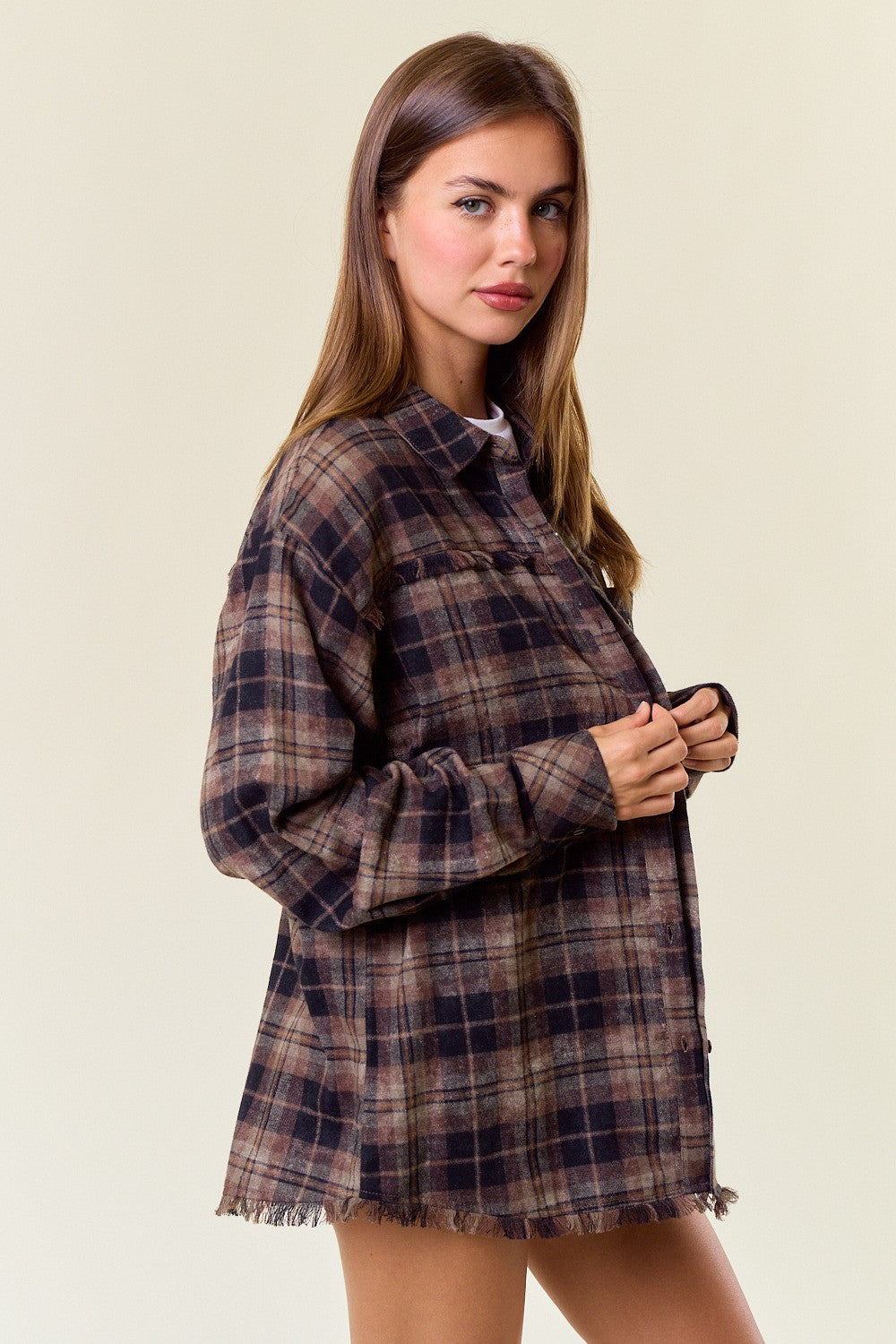 Black/Brown Mix Plaid Flannel Button Down