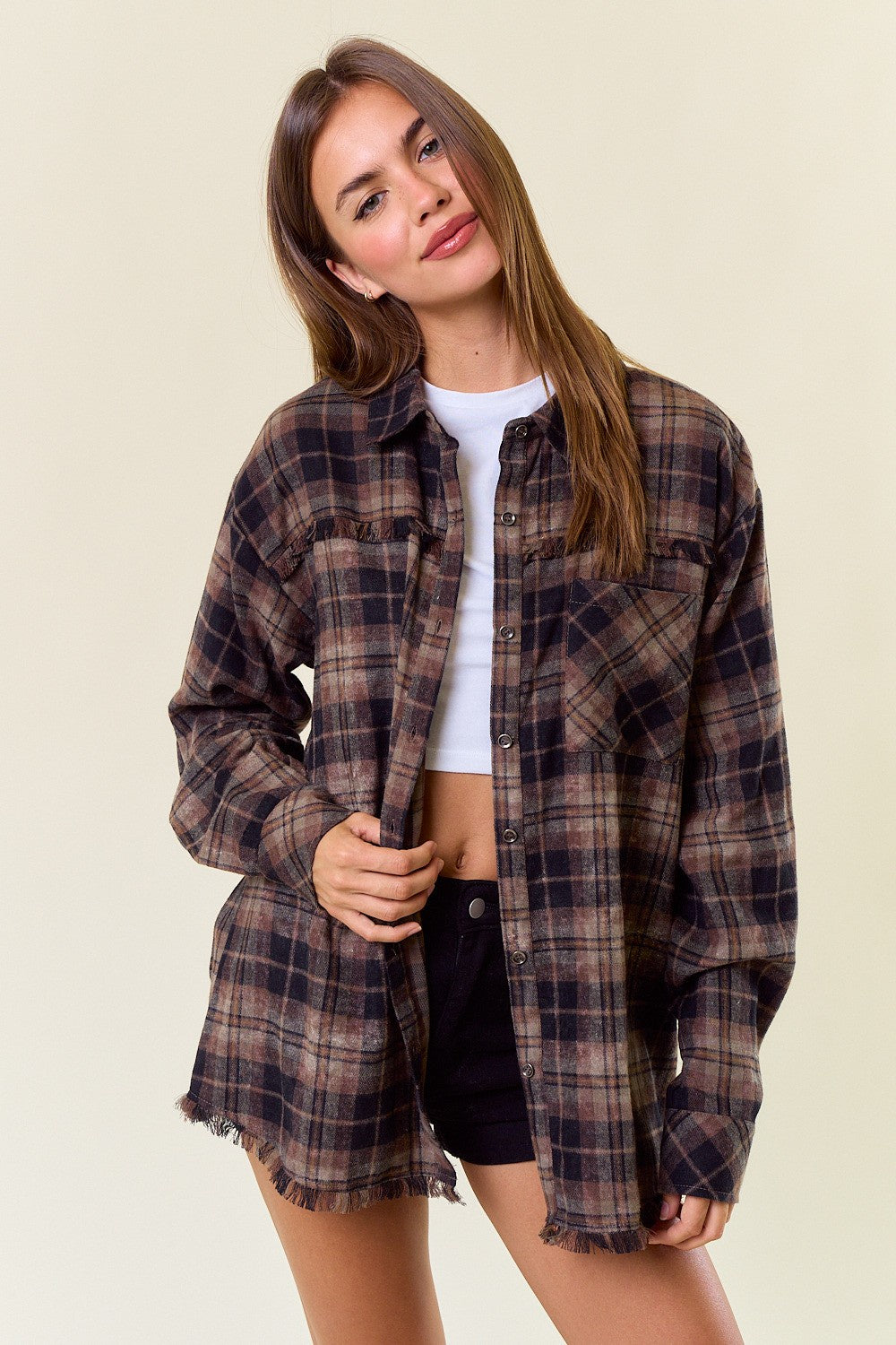 Black/Brown Mix Plaid Flannel Button Down