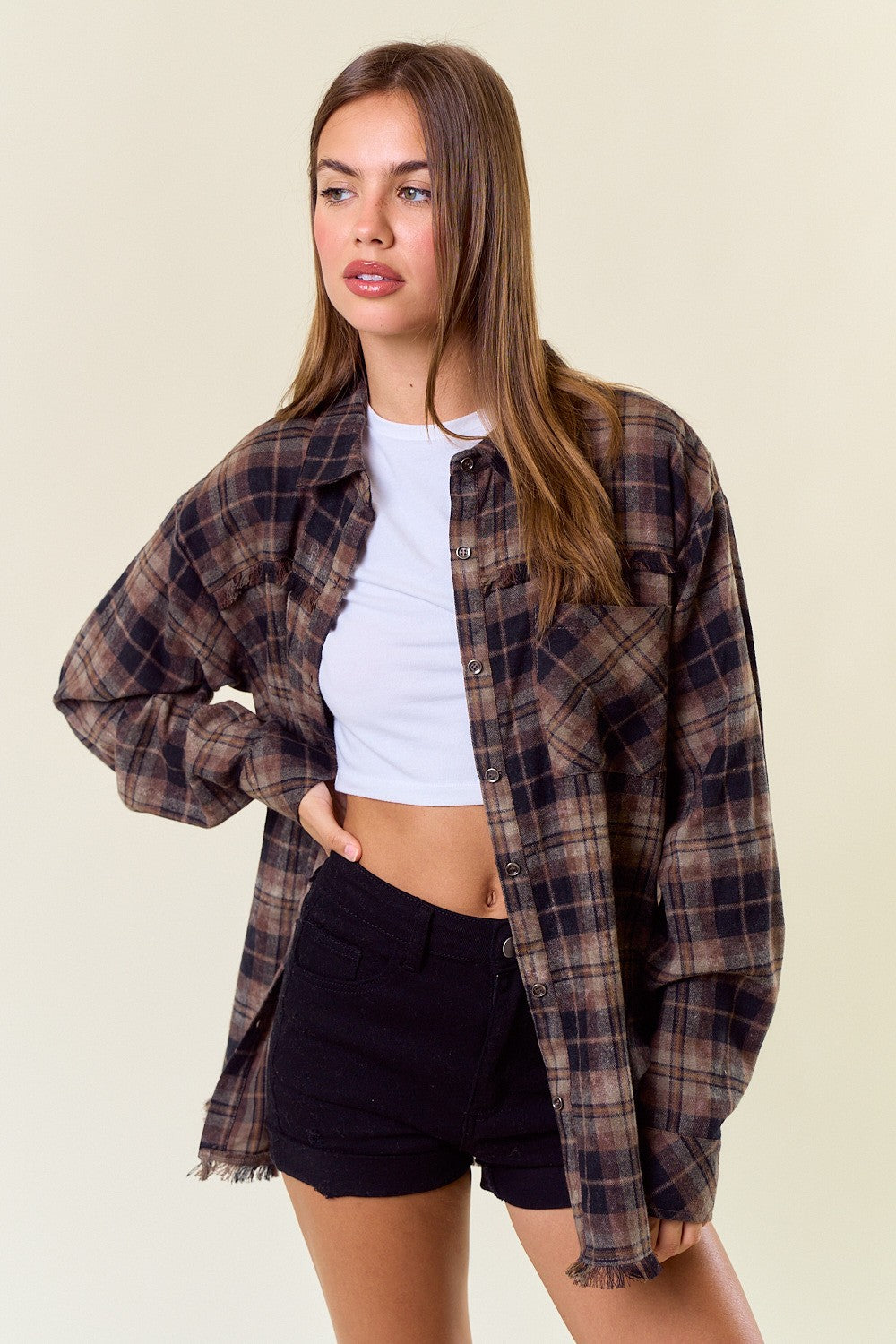 Black/Brown Mix Plaid Flannel Button Down