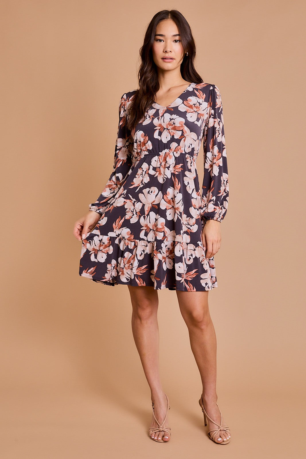 PLUS Charcoal Cream Floral Ruffle Dress