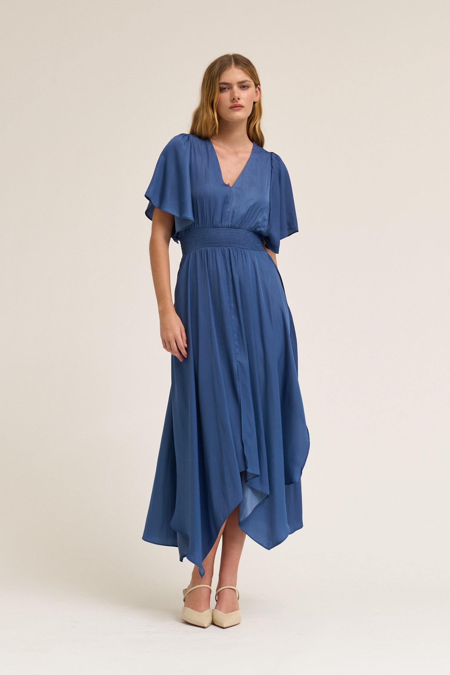Unbalanced Skirt Flutter Sleeve Maxi Dress - Blue