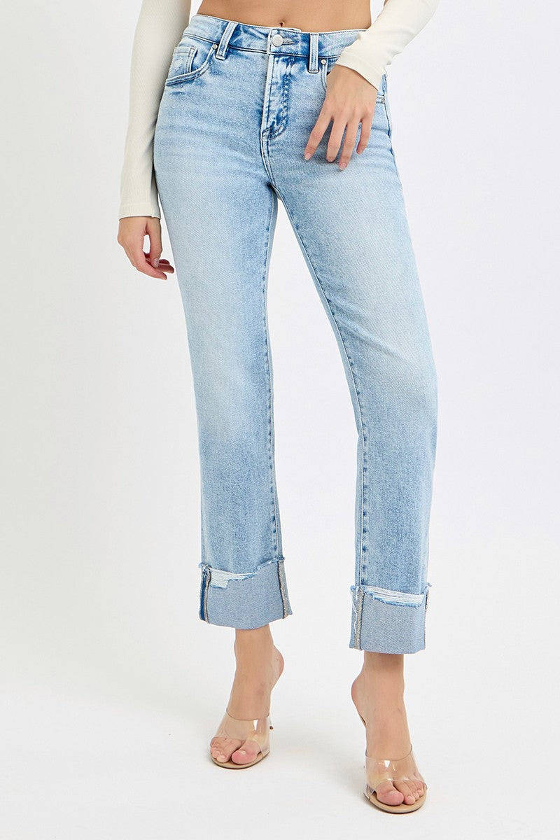 Risen Tummy Control HR Crop Straight Cuffed Jeans