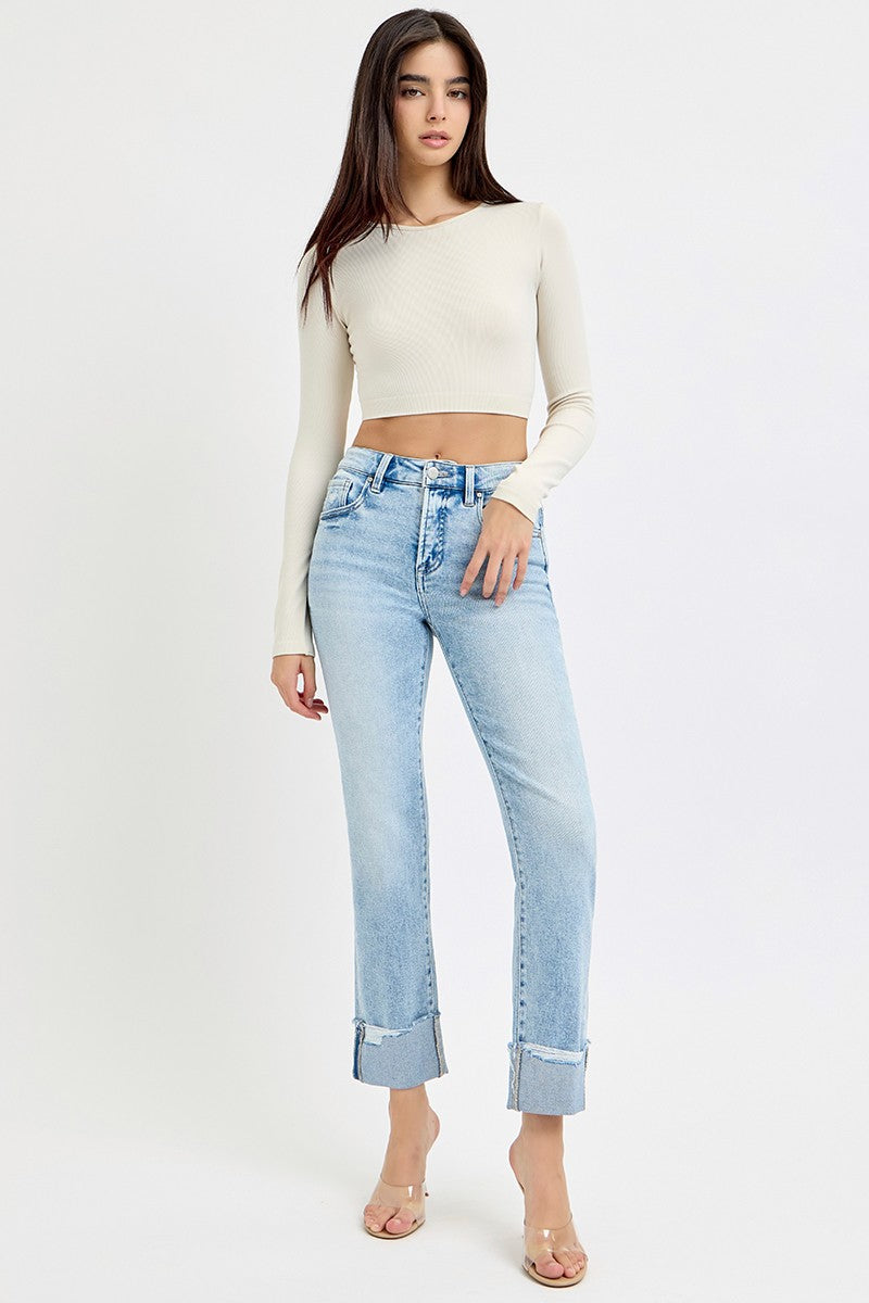 Risen Tummy Control HR Crop Straight Cuffed Jeans