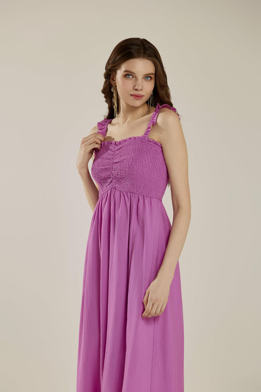 Dark Pink Ruffle Straps Smocked Top High Slit Dress