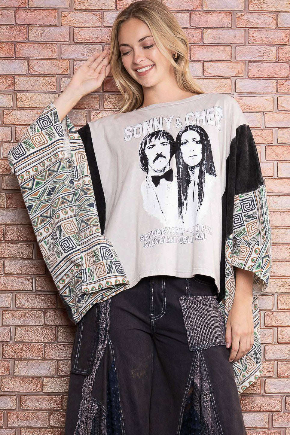 Sonny and Cher Print Pancho Sleeve Top