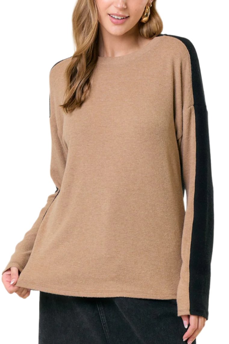 Soft Brushed Round Neck Long Sleeve Colorblock Top