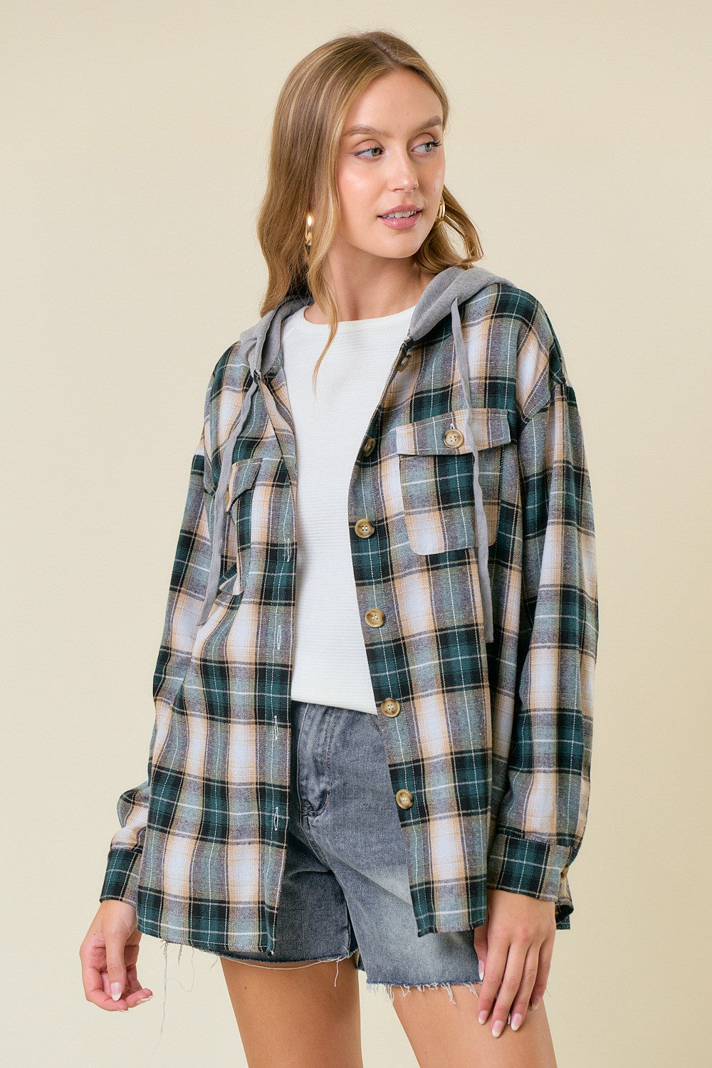 Oversized Plaid Shirt with Hood - Green Mix