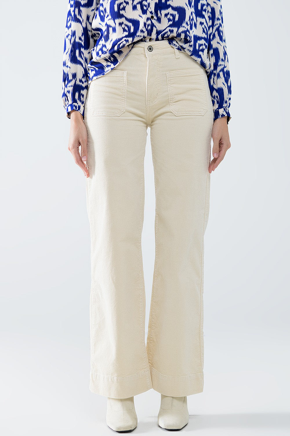 Ecru Corduroy Straight Leg Jeans with Marine Pockets