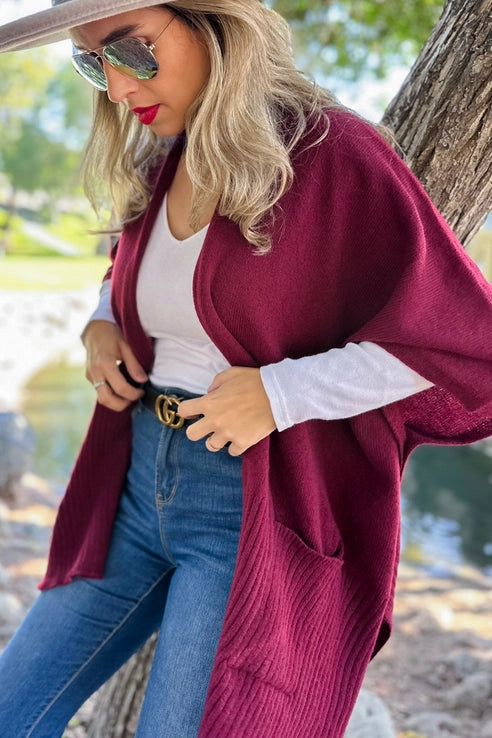 Burgundy Pocket Detail Knit Kimono Cardigan