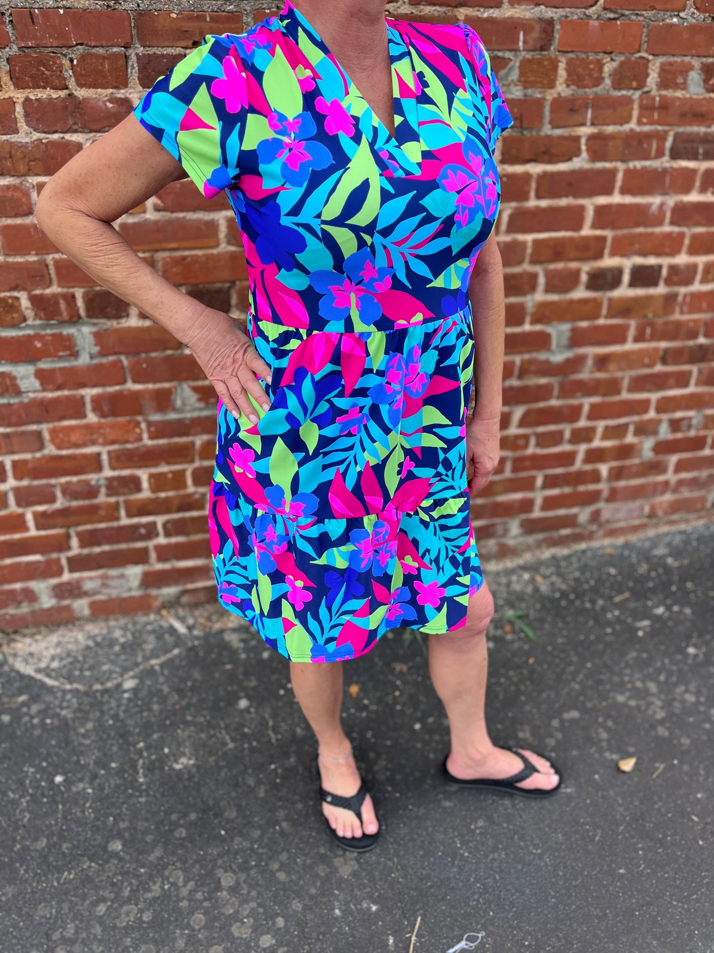 Natalia Tropical Print Short Sleeve Tiered Dress Aryeh