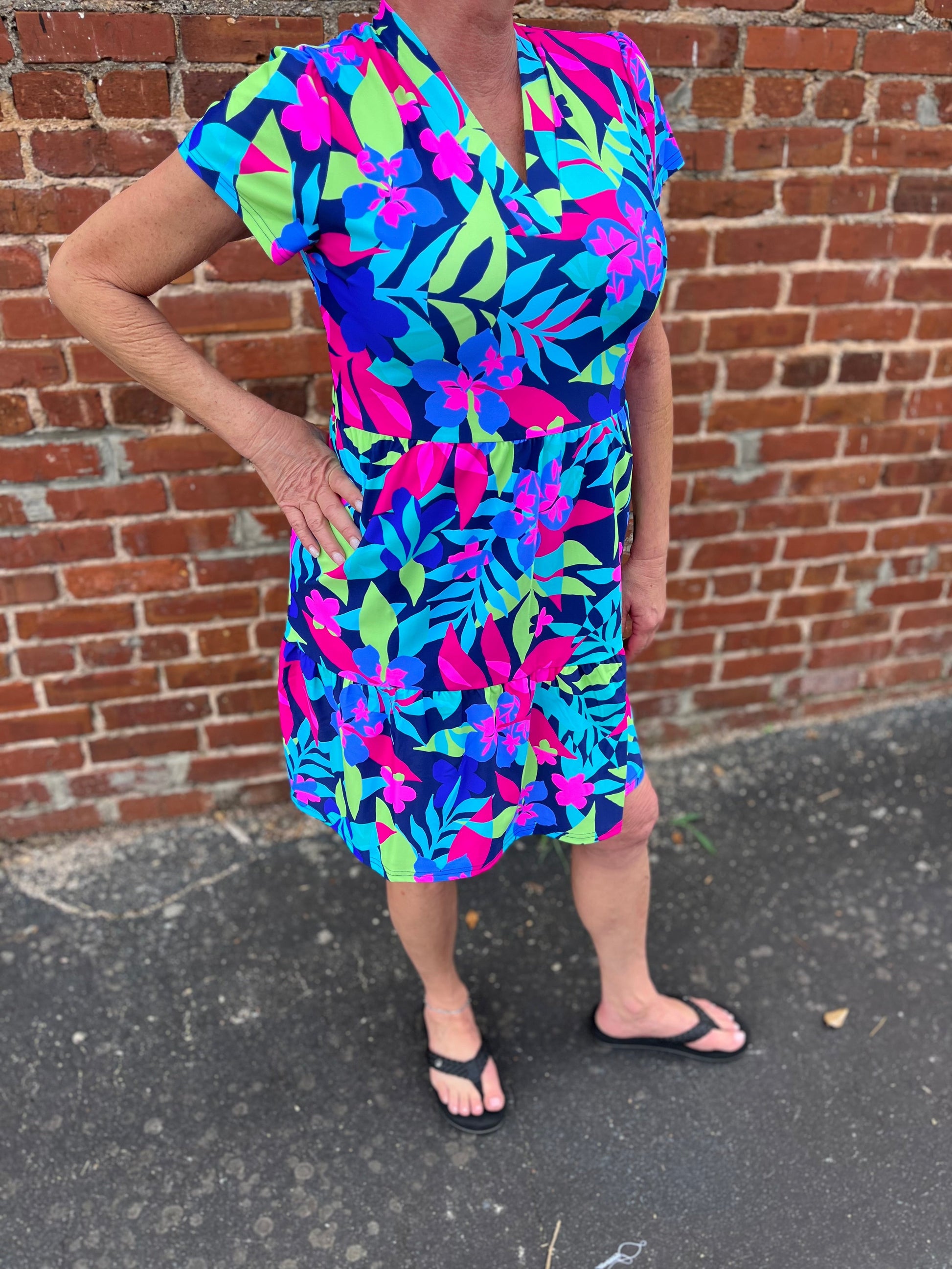 Natalia Tropical Print Short Sleeve Tiered Dress Aryeh