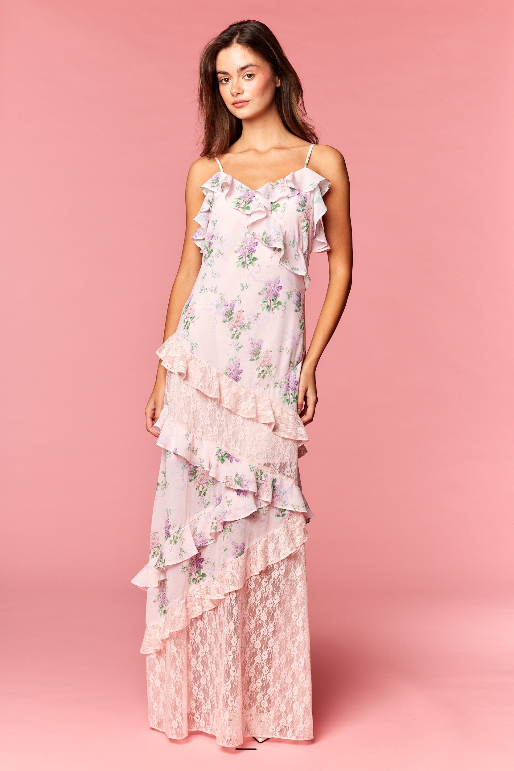 Floral Lace Ruffle Maxi Dress