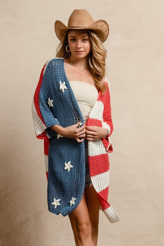 Star Patch American Flag Open Knit Cardigan