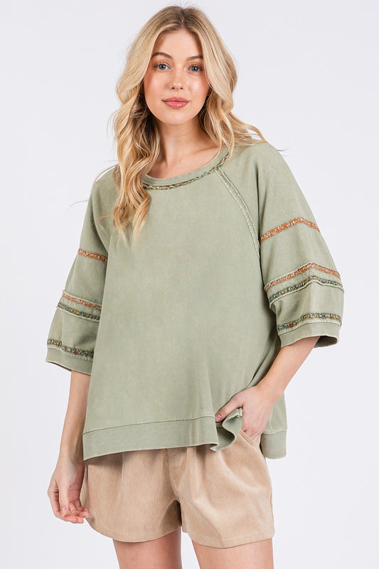 Olive Contrast Trim Mineral Wash French Terry Top